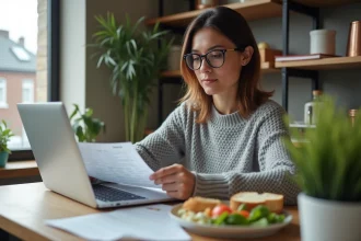 Femme en télétravail consultant des documents fiscaux à son bureau à domicile avec un repas maison