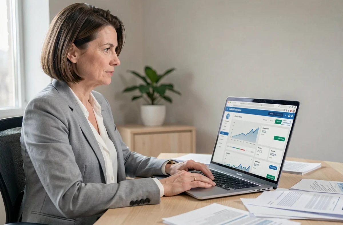 Femme utilisant un portail bancaire en ligne sur son ordinateur portable dans un bureau à domicile moderne