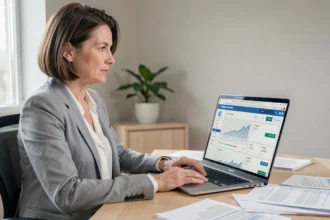 Femme utilisant un portail bancaire en ligne sur son ordinateur portable dans un bureau à domicile moderne