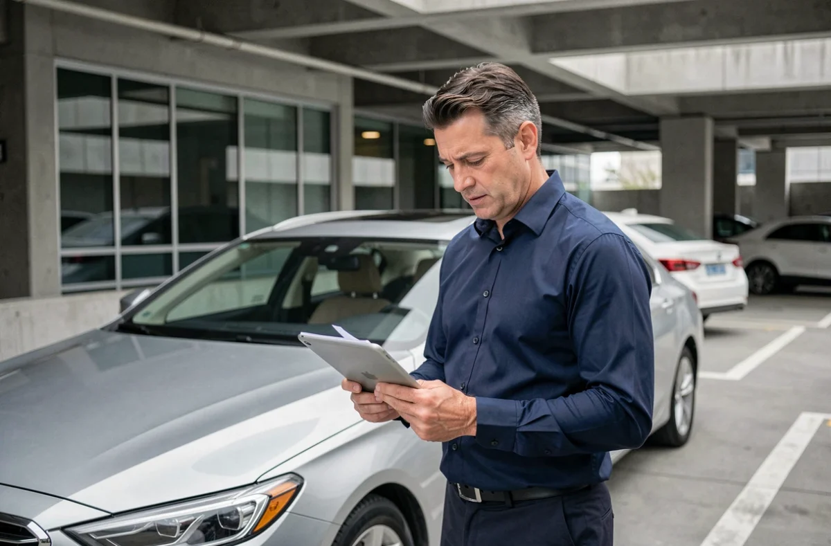 Gestionnaire de flotte automobile consultant une tablette à côté d'une berline d'entreprise dans un parking professionnel, illustration de la stratégie TVS 2026