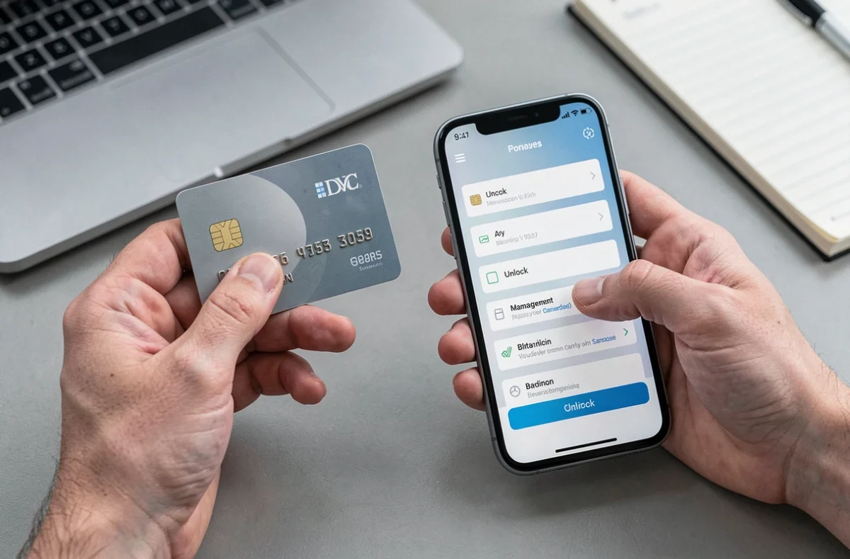 Gros plan sur une carte bancaire et une application mobile pour la déverrouiller étape par étape