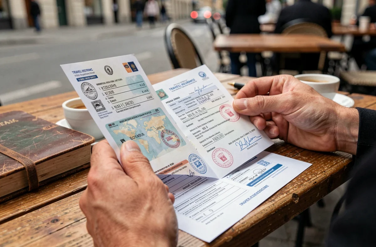 Gros plan sur un passeport et un certificat d'assurance voyage posés sur une table de café, préparation d'un tour du monde