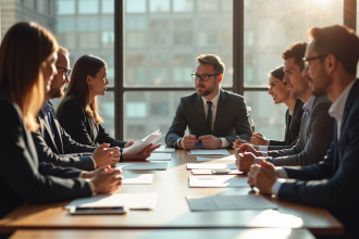 Groupe de professionnels d'affaires discutant de documents financiers