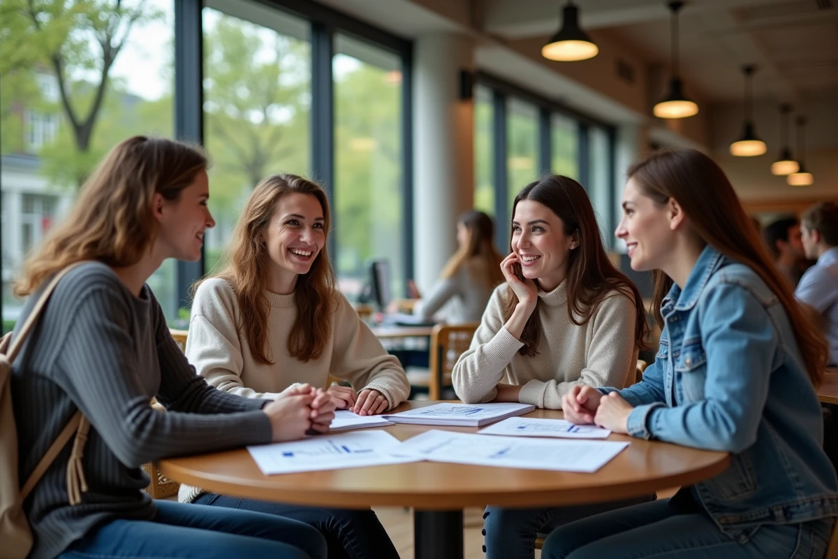Groupe d'étudiants discutant du keynésianisme autour d'une table de café avec des manuels d'économie et des ordinateurs portables ouverts