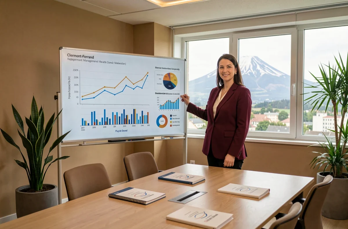 Consultante en gestion de patrimoine du Groupe Quintesens à Clermont-Ferrand présentant des données d'investissement avec le Puy de Dôme en arrière-plan