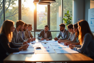 Groupe divers en réunion analysant des finances en lumière naturelle