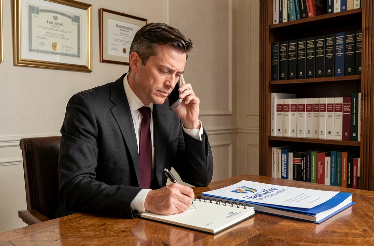 Conseiller Hagnéré Investissement en consultation téléphonique prenant des notes sur un dossier d'investissement locatif