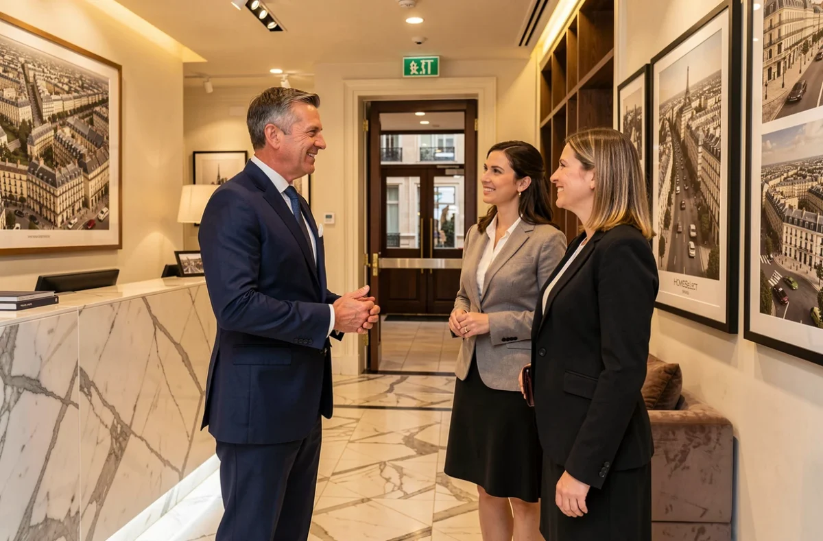Conseiller HomeSelect Paris accueillant des clients dans une agence immobilière parisienne haut de gamme
