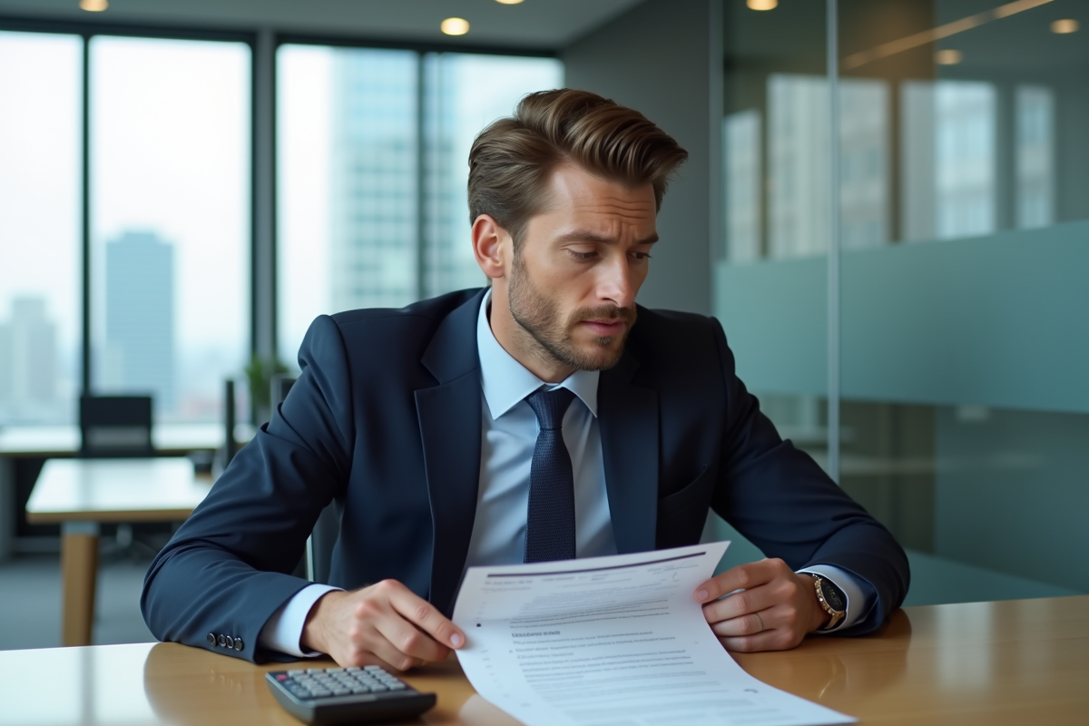 Homme d'affaires en costume regardant un devis de prêt