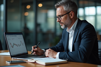 Homme d'affaires en costume analysant des graphiques boursiers