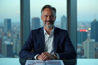 Homme d'affaires confiant dans un bureau moderne avec graphiques financiers