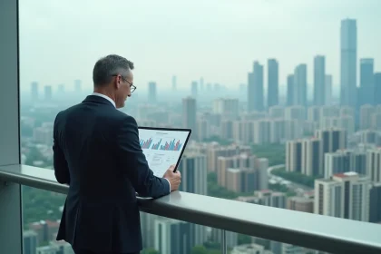 Homme d'affaires en costume regardant la ville