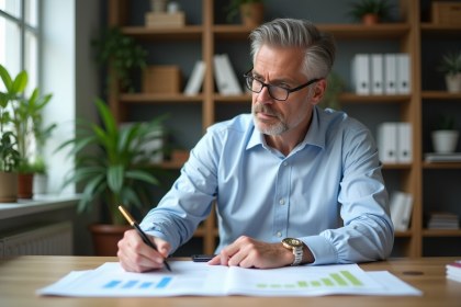 Homme d'affaires en bureau moderne examine des documents