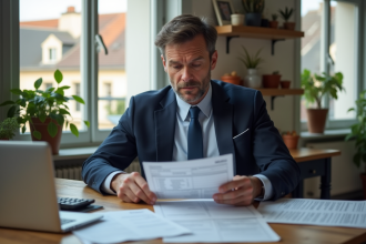Homme d'affaires français en costume examinant des documents