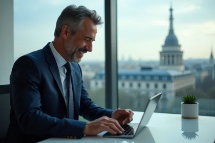 Homme d'affaires en costume vérifiant les actions sur une tablette à Paris