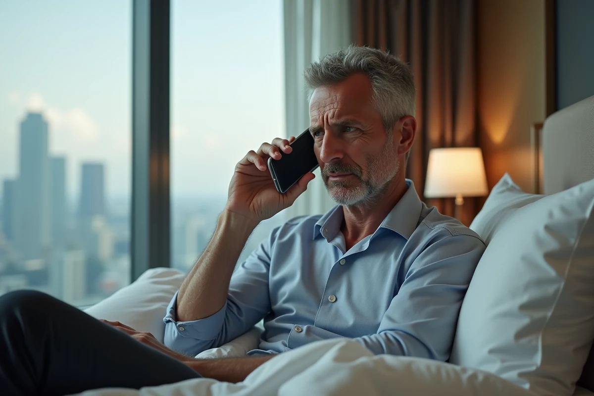 Homme en voyage faisant un appel international dans sa chambre d