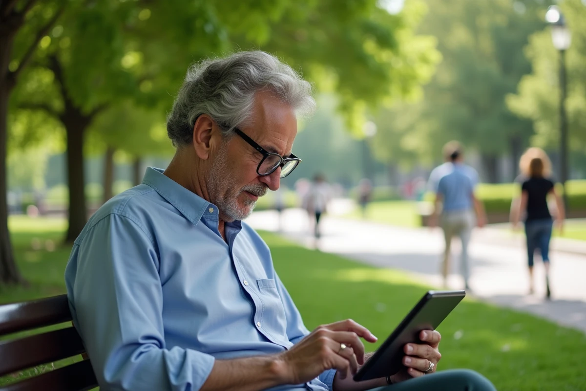 Homme vérifiant son application bancaire dans un parc urbain