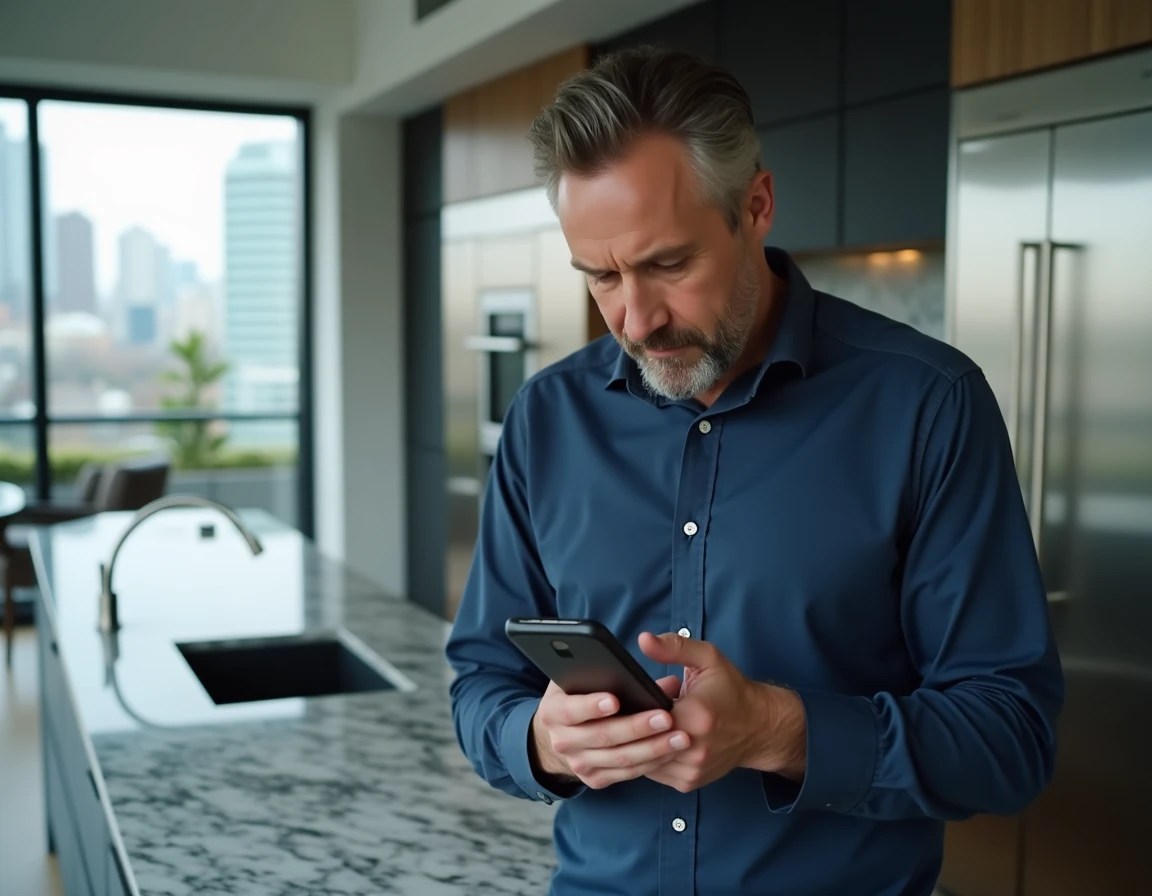 Homme consultant une application d'investissement en ETF sur smartphone dans une cuisine moderne