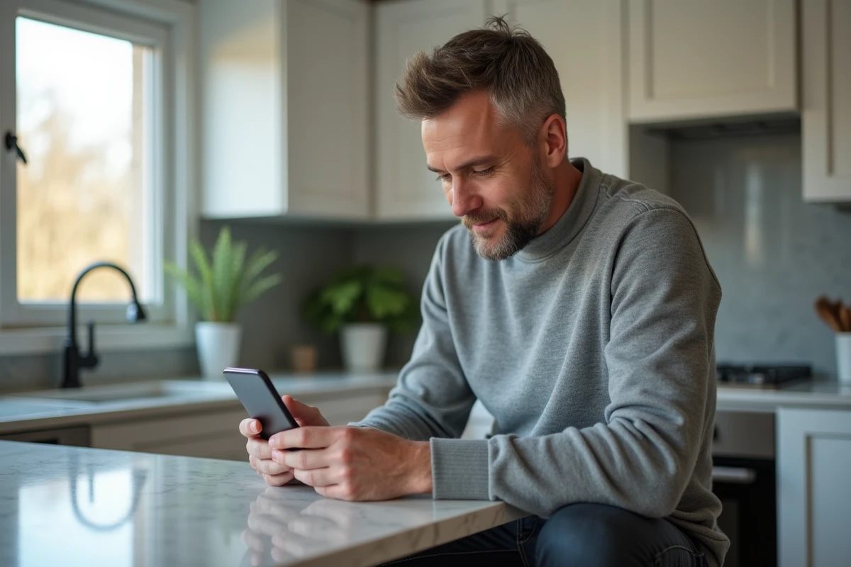 Homme utilisant l'application mobile Cyberplus Banque Populaire Centre Atlantique sur smartphone dans une cuisine moderne