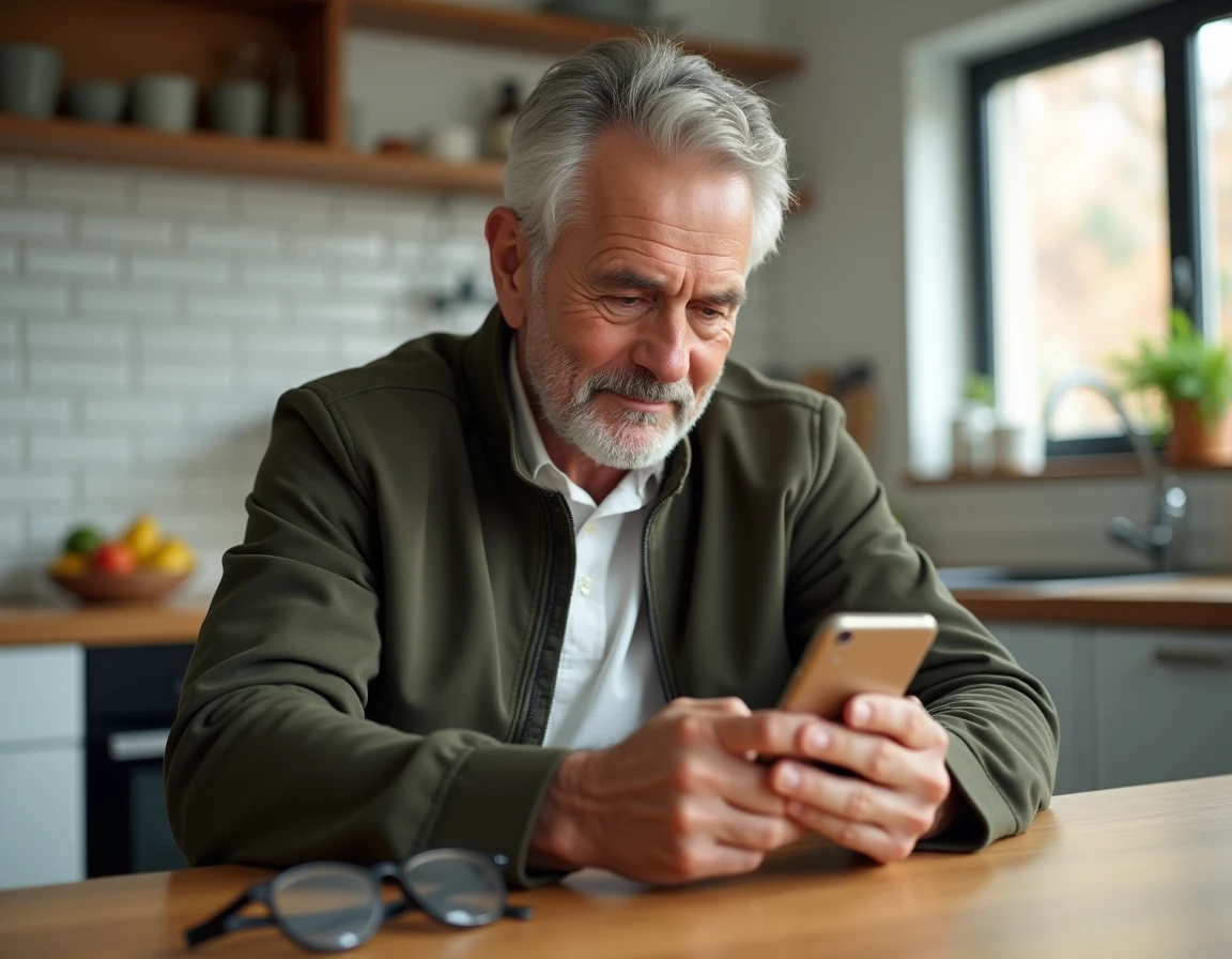 Homme âgé consultant l'application mobile Société Générale pour retrouver son identifiant