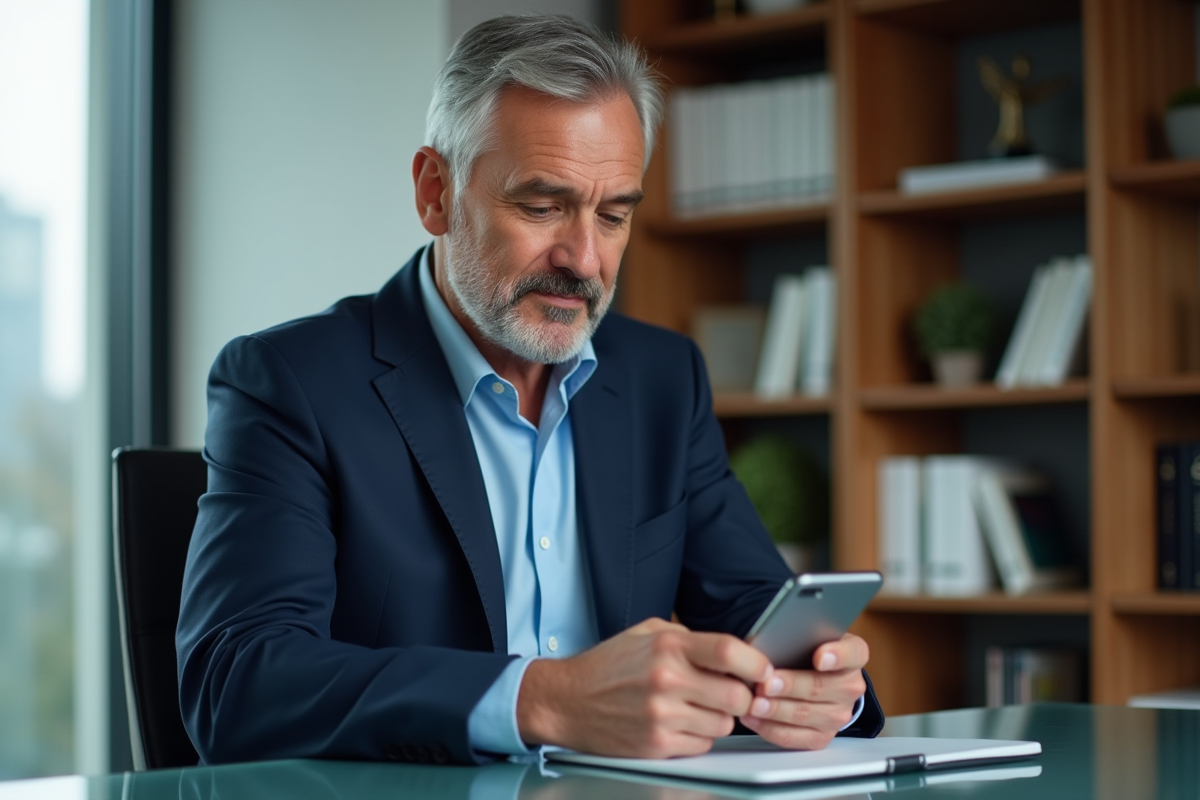 Homme d'âge moyen utilisant une application bancaire sur smartphone dans un bureau moderne