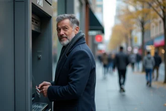 Homme d'âge moyen utilisant un distributeur en ville