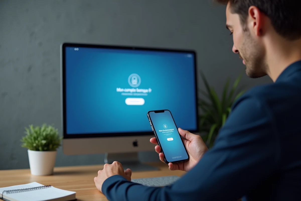 Homme consultant son téléphone pour résoudre un problème d'authentification sur un site bancaire