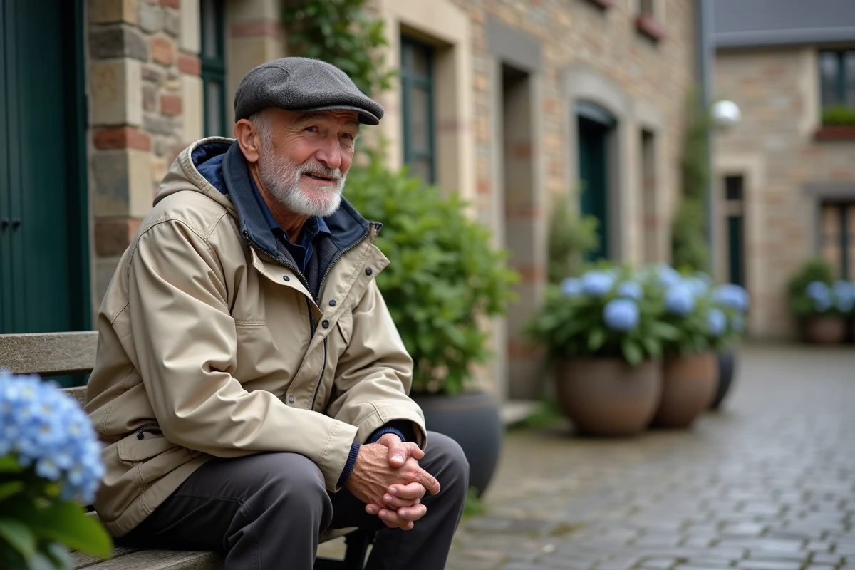 Homme breton discutant sur un banc dans un village