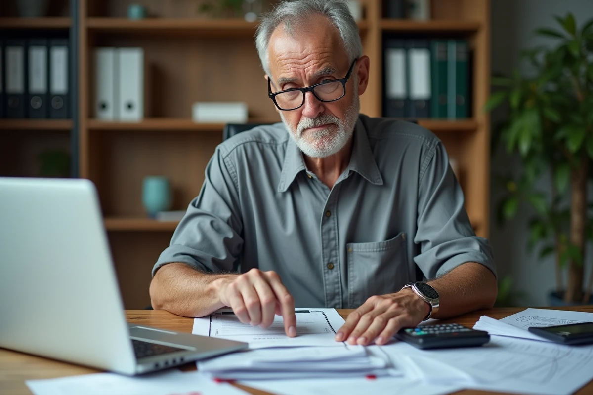 Homme âgé consultant un document fiscal sur son bureau pour contester un prélèvement de 108 euros en tant que non imposable