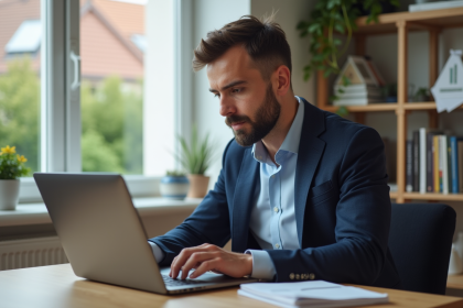 Homme en blazer bleu travaillant sur son ordinateur dans un bureau lumineux