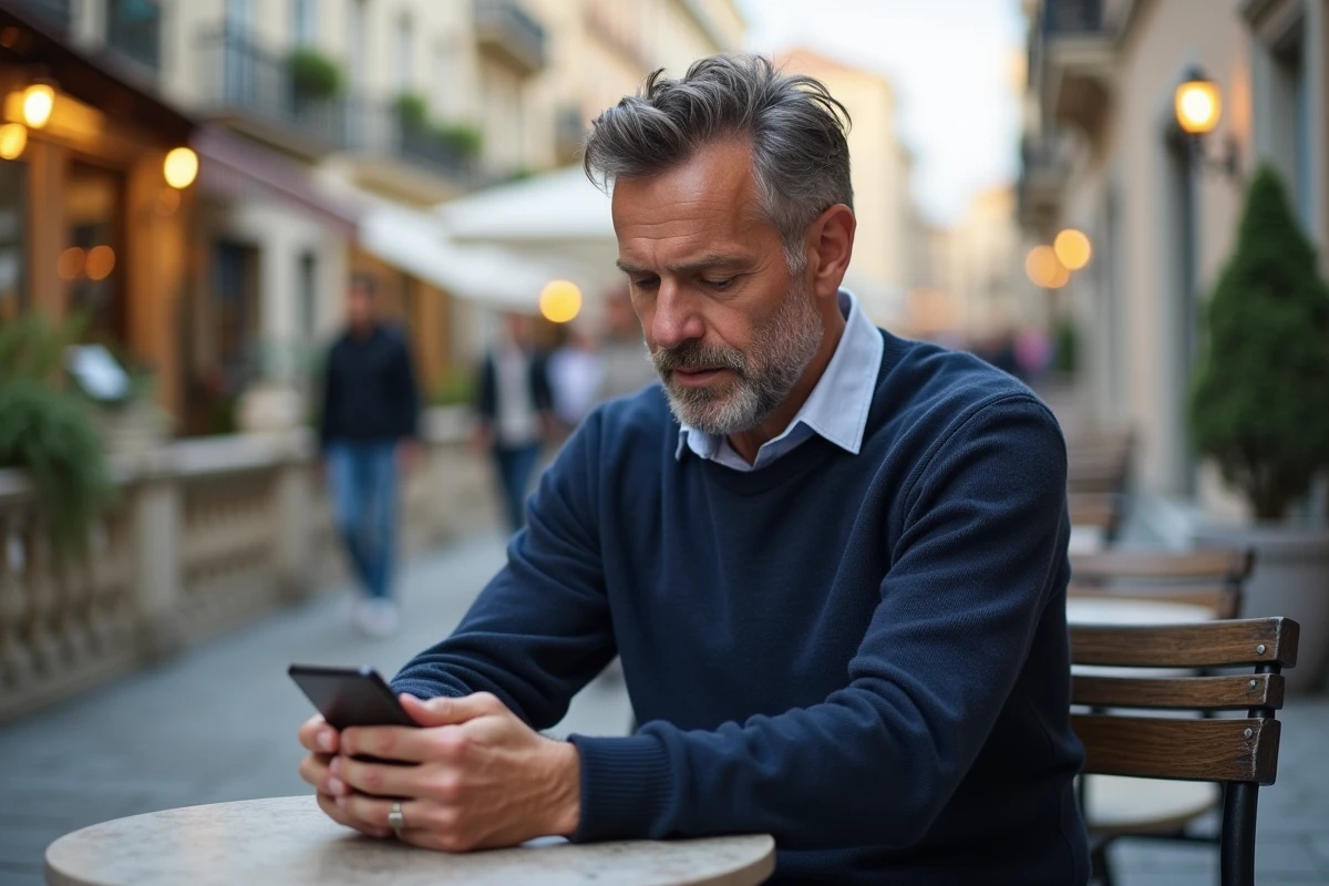 Homme utilisant un smartphone pour une application bancaire en terrasse