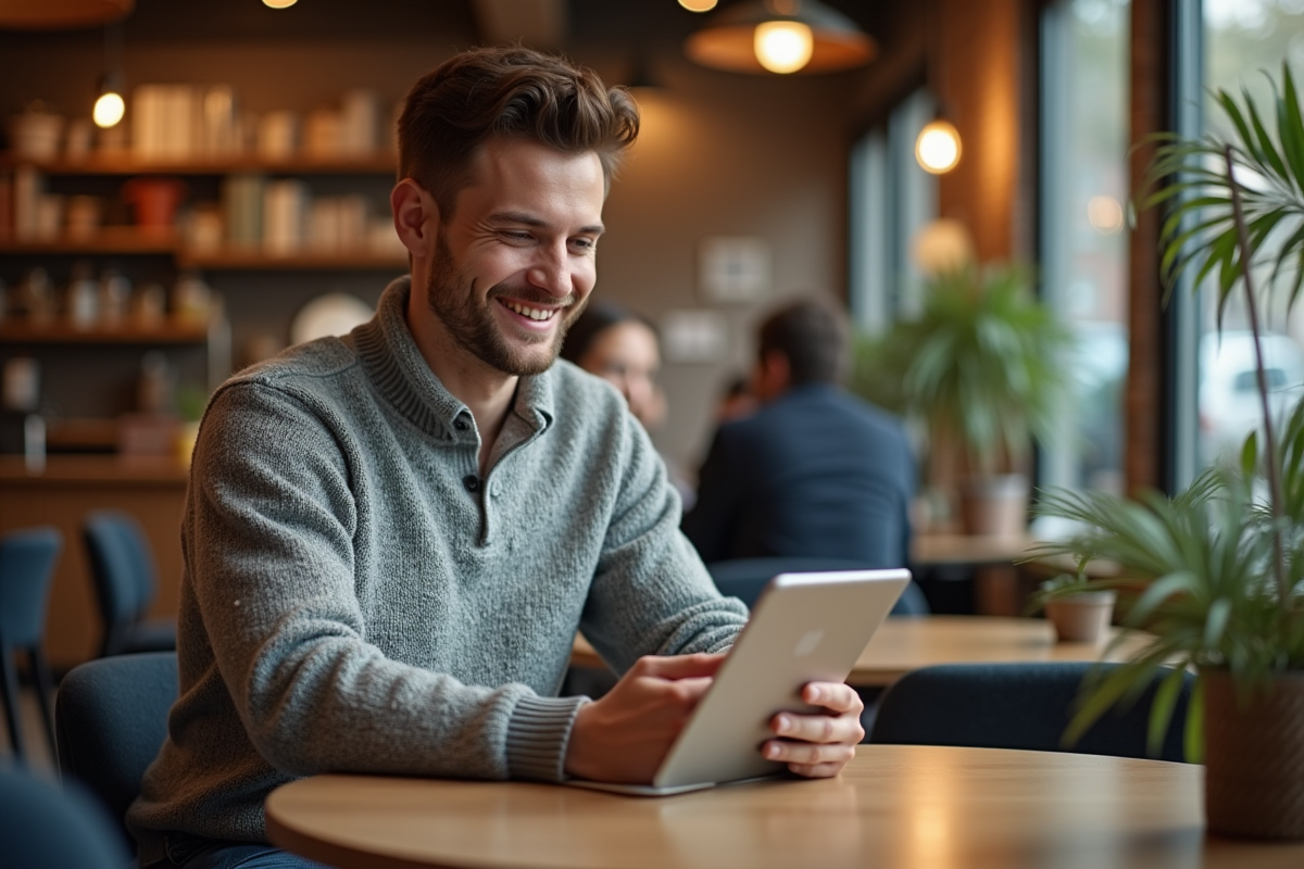 Jeune homme au café compare des options de prêt