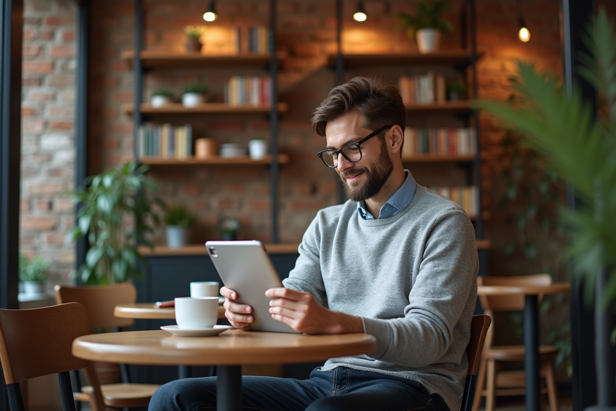 Homme détendu utilisant une tablette dans un café