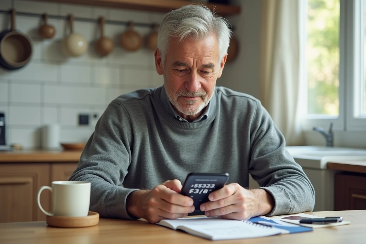 Homme retraité calculant le rendement de son assurance vie sur smartphone à la table de sa cuisine