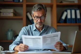 Homme consultant le formulaire Cerfa 3916 bis à son bureau avec documents administratifs fiscaux français