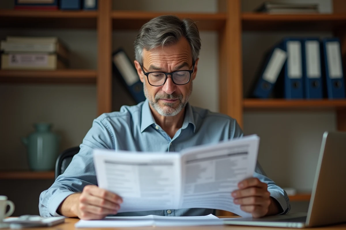 Homme consultant le formulaire Cerfa 3916 bis à son bureau avec documents administratifs fiscaux français
