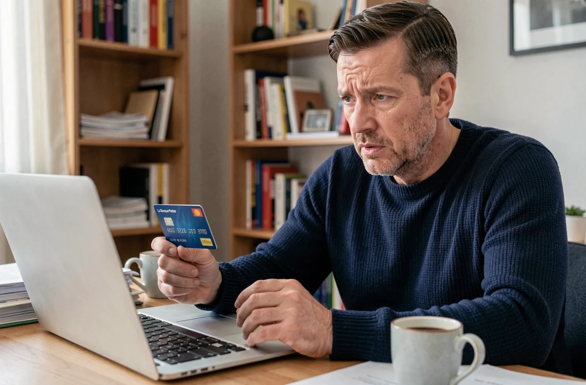 Homme consultant son compte bloqué en ligne avec une carte bancaire La Banque Postale à la main