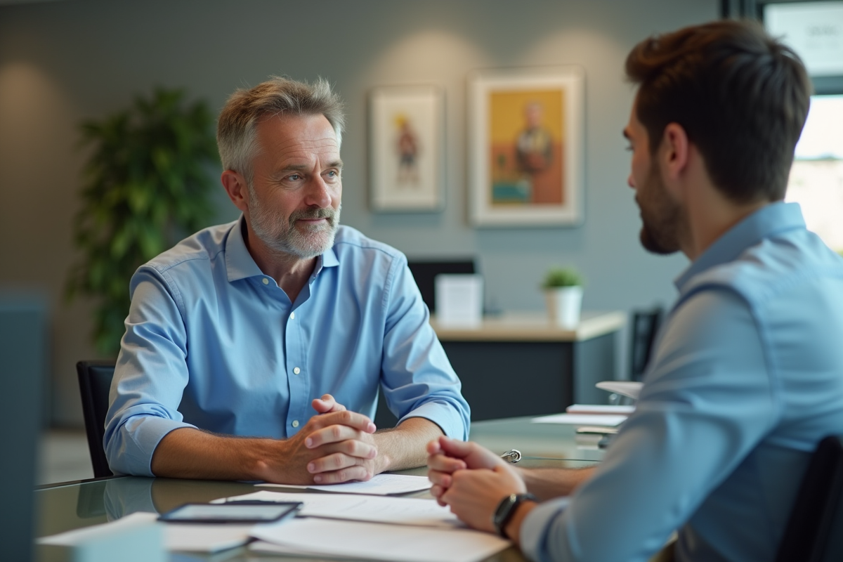 Homme discutant avec conseiller bancaire dans agence