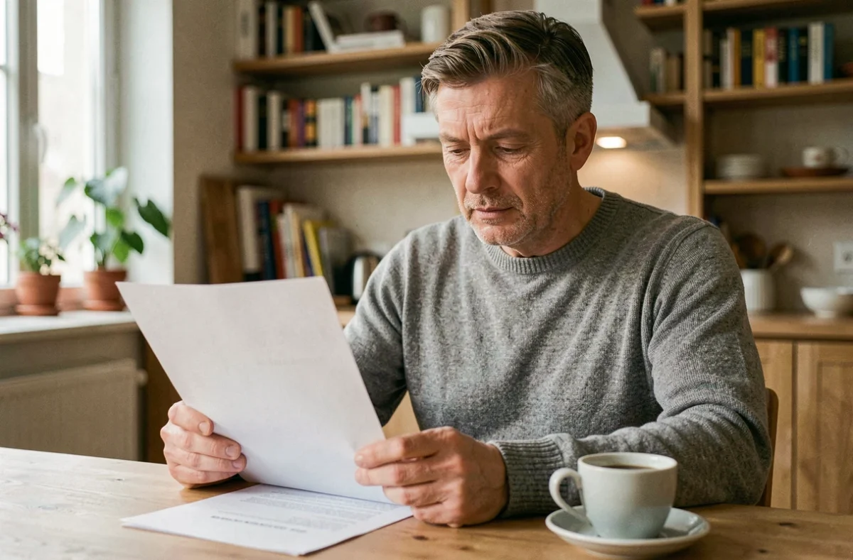Homme de 45 ans consultant des documents d'assurance accident à une table en bois dans un appartement moderne