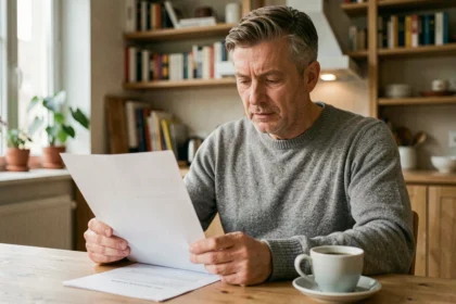 Homme de 45 ans consultant des documents d'assurance accident à une table en bois dans un appartement moderne
