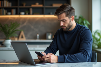 Homme d'âge moyen vérifiant ses crypto-charts sur son téléphone