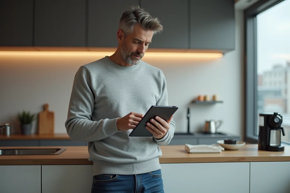 Homme vérifiant ses dépenses avec une tablette dans la cuisine