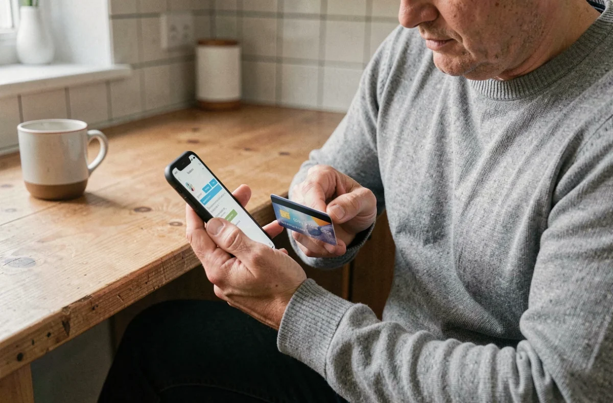 Homme consultant son téléphone pour déverrouiller sa carte bancaire depuis chez lui