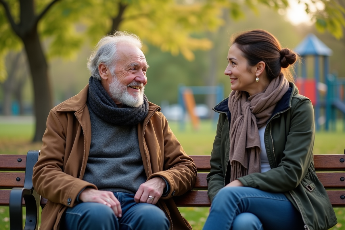 Homme âgé discutant avec un travailleur social sur un banc de parc