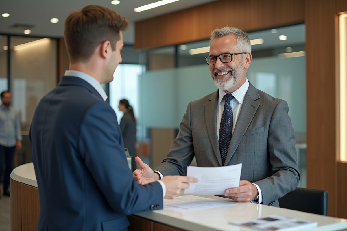 Homme remettant des documents à un conseiller bancaire