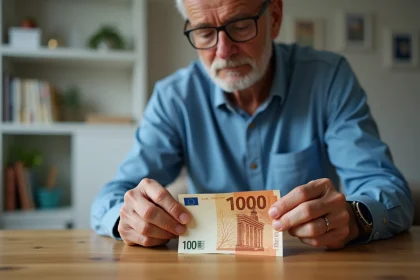 Homme regardant un billet de 1000 francs et un euro ancien