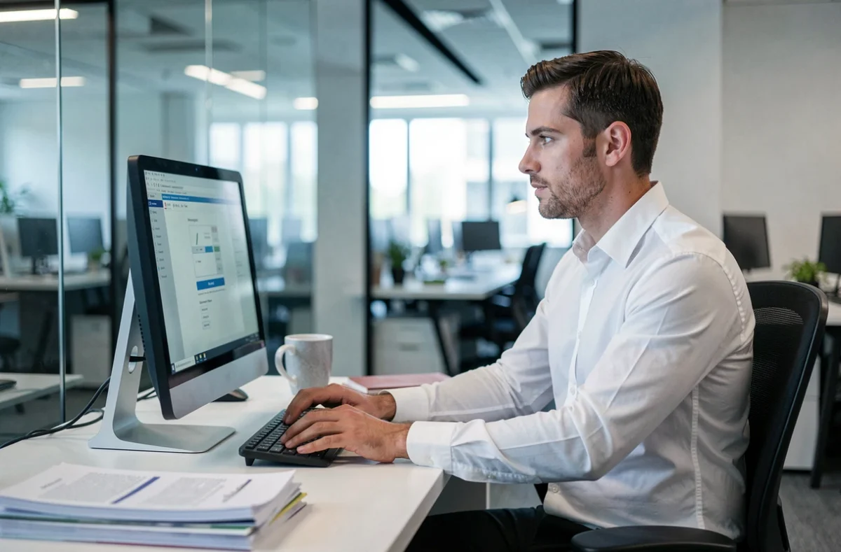 Homme saisissant ses identifiants bancaires sur un ordinateur de bureau en entreprise