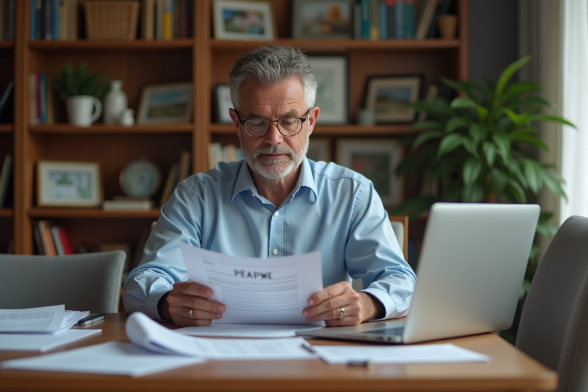 Homme d'âge moyen lisant des documents officiels à la maison