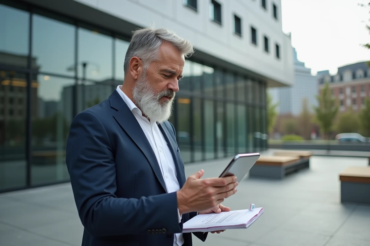 Homme consulte documents financiers en extérieur
