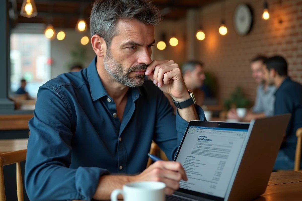 Homme consultant des informations fiscales sur un ordinateur portable dans un café pour la création de sa micro-entreprise